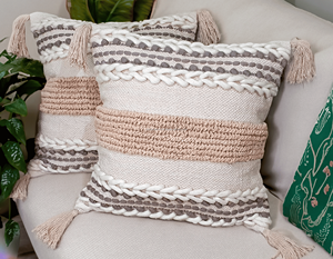20 x 20 Inches Beige Cotton & Wool Tassel Cushion <b>Cover</b> Boho Decorative Square <b>Throw</b> Pillow for Sofa & <b>Bed</b> - Product Image 3