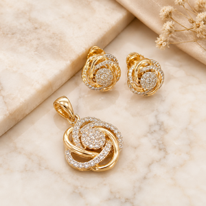 Elegant 14KT Gold Rose Flower Diamond Pendant Set with Stud Earrings Gold Plated Luxury Jewelry for Women Wedding Occasion Wear - Product Image 1