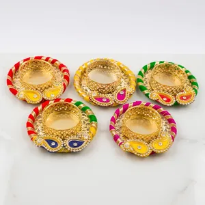 <b>Gold</b> <b>Candle</b> Stand Colorful Thread Border Pearl Accents Handmade Modern Design for Christmas Easter Home Decoration Customizable - Product Image 1
