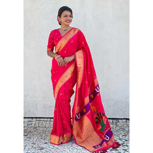 ผ้าไหมพายทานีแบบดั้งเดิมพิเศษ สีชมพู ปักด้วยด้ายซารี ลายวิธะลา สำหรับเทศกาลและงานเฉลิมฉลอง - Product Image 4