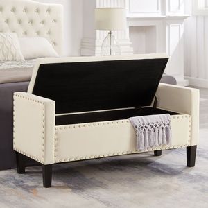 Banco tapizado en crema con botones capitoné y almacenamiento, con adornos de clavos, asiento acolchado suave para entrada, sala de estar, reposabrazos, banco de cama - Product Image 6