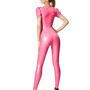 Mono de Mujer Rosa con Recubrimiento de PU, Manga Corta, Cuello Cuadrado, Manga con Volantes, Cintura Alta, Ajuste Ceñido, Largo Completo, Color Sólido, Ropa de Club - Product Image 2