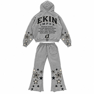 Ekin Impex Custom <b>Grey</b> <b>Acid</b> <b>Wash</b> Hoodie and Flared Sweatpants Set Men's Winter 100% Cotton Vintage Streetwear <b>Tracksuit</b> - Product Image 3
