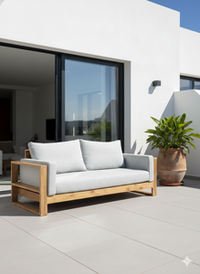 Canapé de jardin en bois minimaliste deux places, mobilier d'extérieur, coussins gris clair, design durable - Product Image 3