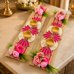 Pink Lotus Floral Diya Decoration Pair Handmade Gold Patti Pearl Wedding <b>Mandir</b> Pooja Festival Home Decor Gift Item - Product Image 3