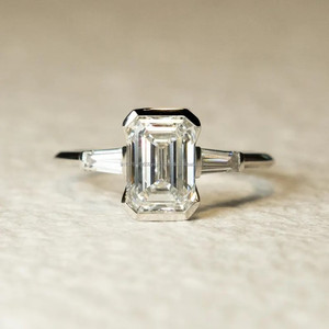 <b>Emerald</b> Cut Moissanite Three Stone Engagement <b>Ring</b> 925 Sterling <b>Silver</b> Vintage Style Prong Setting Tapered Baguette Side Stones - Product Image 1
