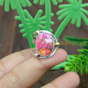 Pink Spiny Oyster Copper Turquoise <b>Ring</b> 925 Sterling Silver & Brass Handmade <b>Statement</b> <b>Ring</b> Boho Artisan Gemstone Jewelry Unisex - Product Image 4