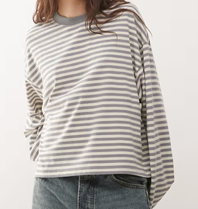 T-shirt en tricot décontracté pour femme, à manches courtes, col rond, coupe ample, rayures vertes et blanches, avec poches, écologique, pour l'été - Product Image 3