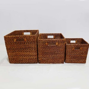 New Design Eco-Friendly Natural Rattan Multi-Purpose Storage <b>Basket</b> Square Diagonal <b>Weave</b> Dark Brown Cube Set of 3 - Product Image 2