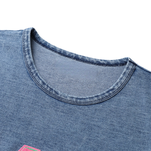 เสื้อเชนิลล์พรีเมียม AKA สีน้ำเงินเข้ม แต่งผ้าเดนิมสีชมพู แขนสั้น คอกลม สไตล์กรีก สำหรับผู้หญิง  Alibaba.com - Product Image 5