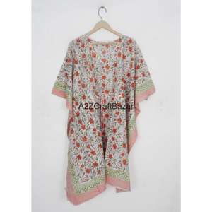 Robe Kaftan Midi Femme 100% Coton Faite à la Main, Col V, Motif Floral Vintage Romantique, Manches Courtes, Légère, Printemps - Product Image 1