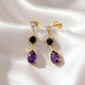 Purple Amethyst Pear & Black Obsidian <b>Earrings</b> Gemstone Dangle Stud <b>Earrings</b> Elegant Minimalist Jewelry Gift For Her - Product Image 2