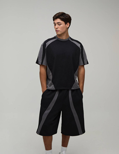 Men's Solid Front Custom Logo Summer Crew Neck 2-Piece 100% Cotton Breathable Oversized OEM T-Shirt & Short <b>Set</b> StreetweaR - Product Image 6