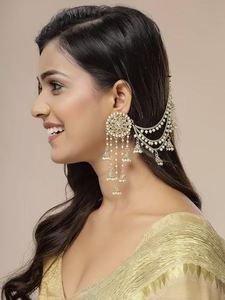 Indian Ethnic Trendy Flower Anniversary Drop Earrings Pearl Chain Matching Maang Tikka Gold Plated Vintage Traditional Jewelry - Product Image 2