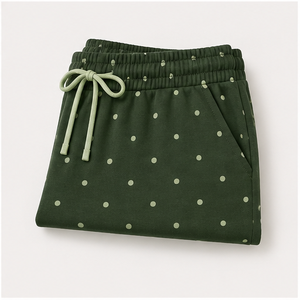 Pantalones Cortos de Salón para Mujer, Personalizados, Color Verde Bosque con Puntos, Corte Recto, con Cordón Ajustable, de Jersey de Bambú y Viscosa - Product Image 6