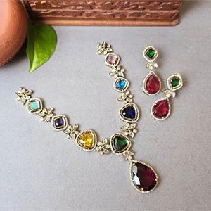 Victorian Bridal Jewelry Set-24K Gold & Rhodium Plated with American Diamond - Product Image 2