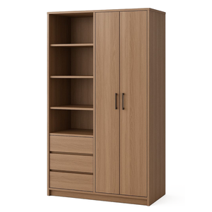 Contemporary Teak Minimalist <b>Wardrobe</b> Cabinet Modern Wood <b>Armoire</b> with 2 Doors, Open Shelves & Drawers - Product Image 1