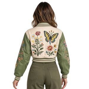 Chaqueta Varsity para Mujer con Mangas de Cuero y Mezcla de Lana, Bordado de Mariposa Fino, Cuello Alto Simulado - Product Image 2
