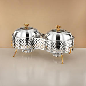 Double Stainless Steel Chafing Dish Laser Cut Design <b>Food</b> <b>Warmer</b> with Glass Lids and Legs Gold Accents for Hotel Event Catering - Product Image 3