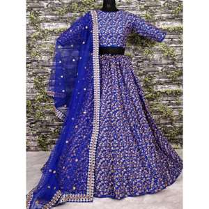 Lehenga de seda cruda bordado pesado diseñador de color azul elegante - Product Image 6