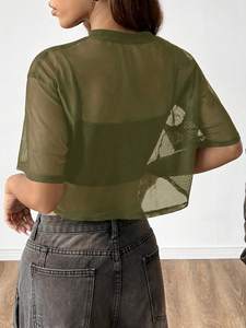 Retro Olive Green <b>Mesh</b> Crop <b>Top</b> <b>Women</b>’s Casual Streetwear Shirt Custom OEM - Product Image 4