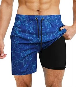 Short de bain floral pour homme avec cordon de serrage à la taille, séchage rapide, poches, coupe décontractée, longueur courte, taille mi-haute, en Spandex et Polyester - Product Image 1