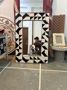 Handmade Eco-Friendly <b>Lightweight</b> Bohemian Bone Inlay Customized Shape Wall <b>Mirror</b> Black White Geometric Pattern Framed <b>Mirror</b> - Product Image 2