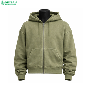 Sudadera con Capucha y Cremallera para Hombre, Color Verde Oliva, Corte Regular, Estilo Casual para Otoño, 100% Algodón, Transpirable, Diseño Sólido de Punto - Product Image 2