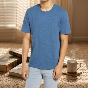 T-shirt à manches courtes pour homme, bleu, col rond, coupe classique, couleur unie, style décontracté, tissu jersey 100% coton - Product Image 4