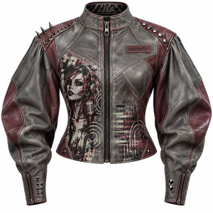 Charcoal Maroon Women Genuine Leather <b>Biker</b> <b>Jacket</b> Custom Dj <b>Girl</b> Graphic Printed Puff Balloon Sleeve Spiked Outerwear - Product Image 1