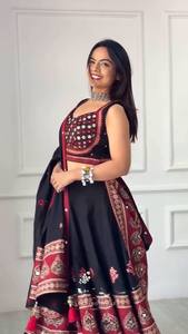 Traditional Indian Pakistani Women's Lehenga Set Black Red Embroidered Floor-Length Cotton Wedding Wear Regular Fit All Seasons - Product Image 2