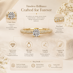 Anillo de Oro Amarillo de 10K con Diamantes Cultivados en Laboratorio en Corte Cojín y Pavé |   Anillo de Boda con Corte Cojín |   Elegante Regalo de Joyería para Aniversario de Bodas para Ella - Product Image 6