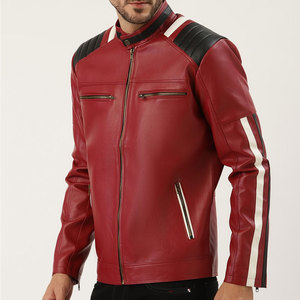 Men's <b>Red</b> PU Leather Moto <b>Jacket</b> Stand Collar Zipper Closure Regular Fit Solid Color Biker Style Autumn Wear - Product Image 3