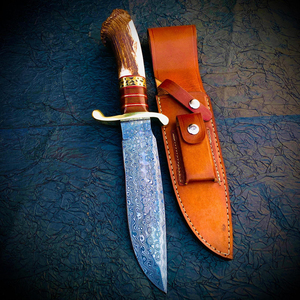 มีดสั้นเหล็กดามัสกัสทรงตรงสำหรับล่าสัตว์ คุณภาพอุตสาหกรรม ด้ามทำจากเขากวาง พร้อมปลอกหนัง แบบพกพา สำหรับใช้งานทางยุทธวิธี (OEM) - Product Image 4