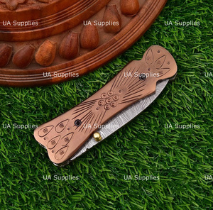 UA Supplies Hand Engraved <b>Copper</b> Handle Damascus Steel EDC Thumb <b>Knob</b> Liner Lock Folding Hunting Knife Leather Pouch Outdoor - Product Image 4