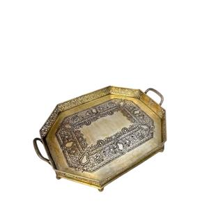 Plateau de service ovale en métal gravé fait main de style marocain, en laiton plaqué argent, décoratif, pour thé et café, avec poignée - Product Image 5