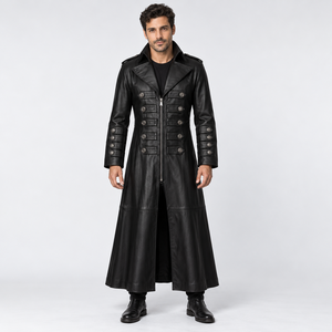 Men's Black Gothic <b>Leather</b> <b>Long</b> <b>Coat</b> Full Length Victorian Style <b>Trench</b> <b>Coat</b> with Decorative Silver Buttons Front Zipper Coutom - Product Image 4