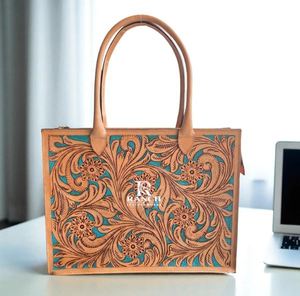 Sac en cuir véritable brodé de turquoise de qualité supérieure pour femmes avec fermeture éclair, capacité de 15 pouces, RANCH LEATHER WORKS - Product Image 1