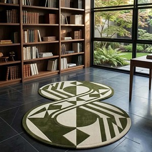 Alfombra de Diseño Geométrica Verde Marfil Contemporánea, Hecha a Mano, de Lana, Abstracta y de Lujo para Sala de Estar, Dormitorio u Hotel - Product Image 5