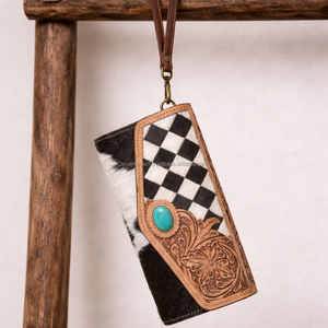 Hand-Tooled Hair On Leather Women Wallet Clutch Long Western Style Checkered Design Cowgirl <b>Wristlet</b> Purse With Turquoise Stone - Product Image 2