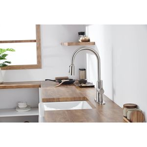 Rubinetto da cucina ad arco alto in acciaio inossidabile anticato con doccetta estraibile, comando singolo a 3 vie, finitura nichel spazzolato - Product Image 3