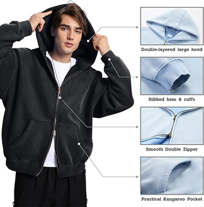 เสื้อฮู้ดซิปผู้ชายทรงโอเวอร์ไซส์ สีพื้น ผ้าฝ้ายเฟรนช์เทอร์รี่ สไตล์ลำลอง มีกระเป๋า ความยาวปกติ เหมาะสำหรับใส่ในฤดูใบไม้ร่วง - Product Image 6