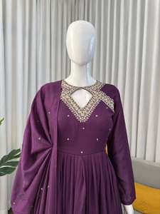 Women's Purple Vichitra <b>Silk</b> Anarkali Kurta Pant Set with Sequence Dupatta | Designer <b>Thread</b> Work Neck - Product Image 6