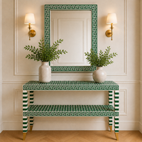 Console moderne en os incrusté avec cadre de miroir et étagère, meuble d'entrée de luxe pour couloir, meuble d'appoint pour salon et décoration intérieure
