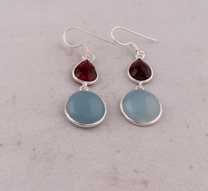 Pendientes de Granate Rojo Natural y Calcedonia Azul, Plata de Ley 925, Pendientes Colgantes Multifacéticos con Múltiples Piedras, Joyería Hecha a Mano al por Mayor - Product Image 2