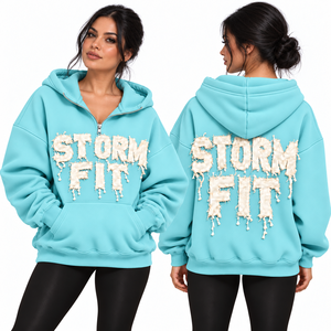 Sweat à capuche mi-zippé pour femme, couleur menthe, coupe Storm Fit, avec appliqué lettres, épaules tombantes, poche kangourou, en polaire décontractée, style streetwear, coupe-vent - Product Image 4