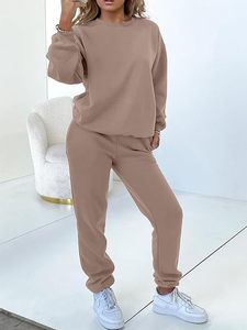 Ensemble survêtement molletonné oversize pour femme, couleur unie, col rond, épaules tombantes, manches longues, tenue d'automne - Product Image 6