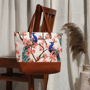 <b>Canvas</b> Vintage Tote <b>Bag</b> with Leaf Pattern Bottom <b>Large</b> Size Hand Length Handle Zipper Closure Daily Use - Product Image 6