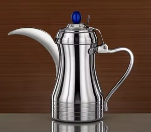 กาต้มกาแฟสแตนเลสขัดเงาแบบอาหรับ พร้อมฝาปิดประดับอัญมณีสีน้ำเงิน สำหรับร้านอาหารและใช้ในบ้าน - Product Image 1