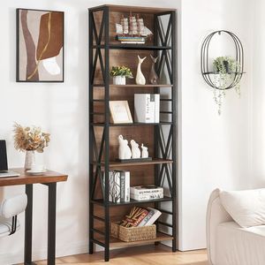 Étagère industrielle à 6 niveaux en bois d'acacia massif naturel de luxe avec structure en métal noir pour le rangement et l'affichage dans le bureau à domicile ou le salon - Product Image 1